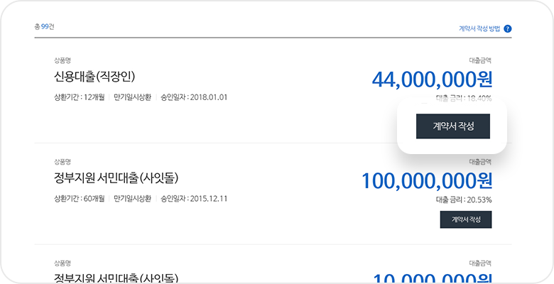 고객이 신청한 대출 목록 중 계약서 작성 가능 목록 예시 화면