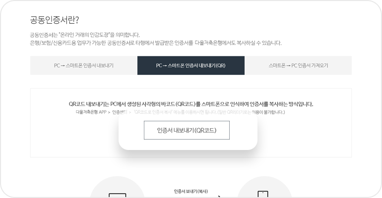인증센터 > PC → 스마트폰 인증서 내보내기(QR) 메뉴 화면